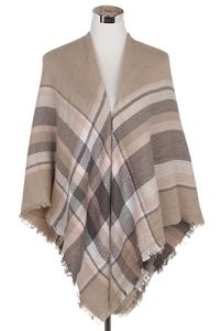 Wisteria London beige tartan print blanket scarf. This thick knit is soft and warm and finished with frayed edges for a real blanket scarf feel. Also available in black/grey and black/yellow
