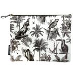 Alice Scott Large Makeup Bag featuring a fun tropical inspired print with palm trees and parrots. It has a stylish humbug stripe lining and zip fastening. Material is PU.