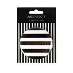 Alice Scott Black and White Stripe Compact Mirror. Features gold lettering detail with the quote #NOFILTER. The mirror is one sided.