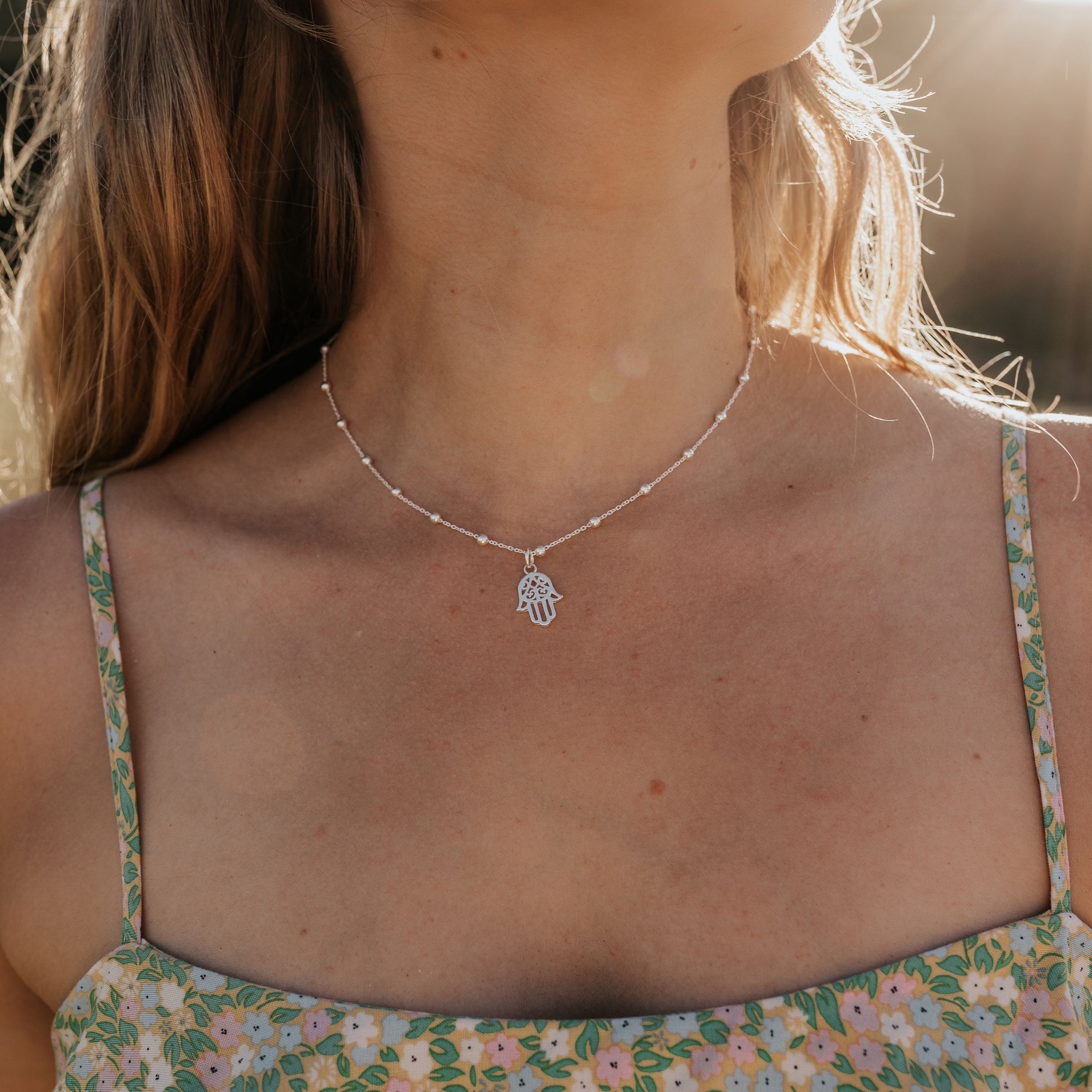 Sterling Silver Hamsa Hand Necklace on Bobble Chain
