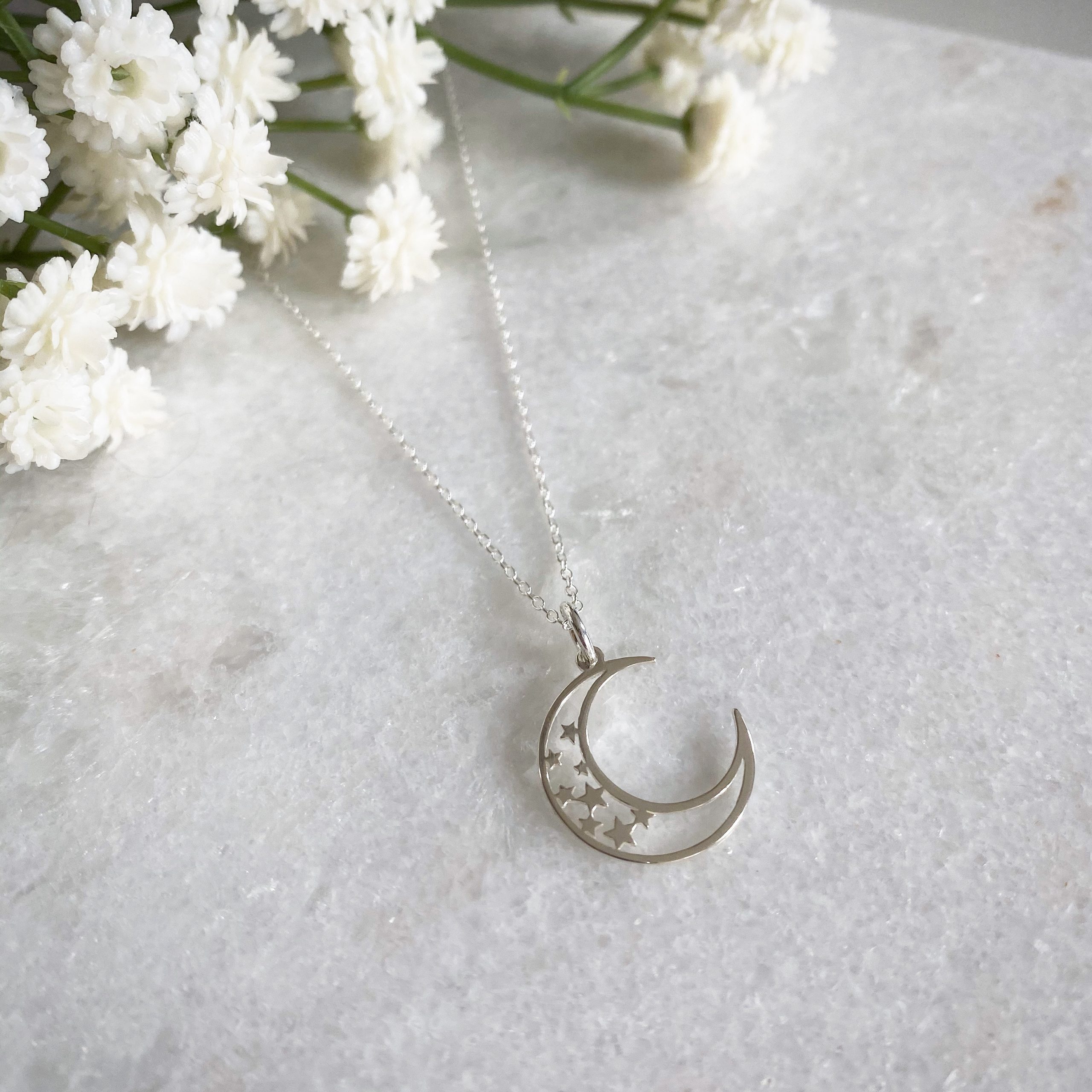 Large Personalised Birthstone Confetti Moon Necklace | Posh Totty Designs