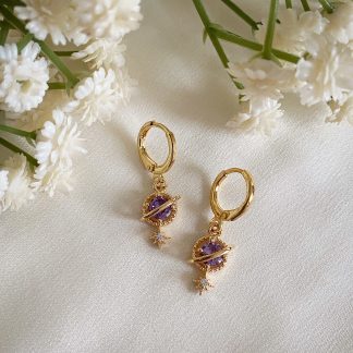 Orion Purple Planet and Star Huggie Hoop Earrings