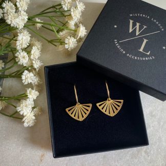 Geo Gold Fan Hoop Earrings. Vintage inspired gold-tone statement earrings with geometric fan design