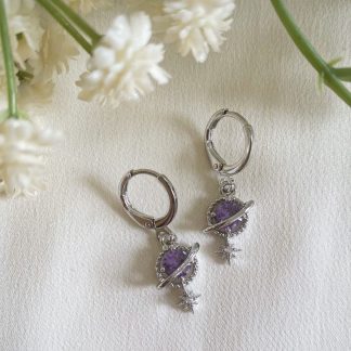Orion Purple Silver Planet and Star Huggie Hoops