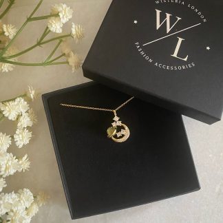 Aura Gold Green Planet Moon and Star Necklace