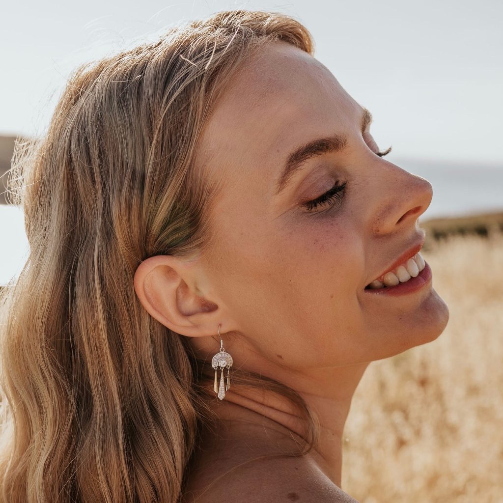 Model Wears Allegra Silver Deco Fan Earrings