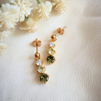 Green crystal gold stud earrings with three sparking stones on white background