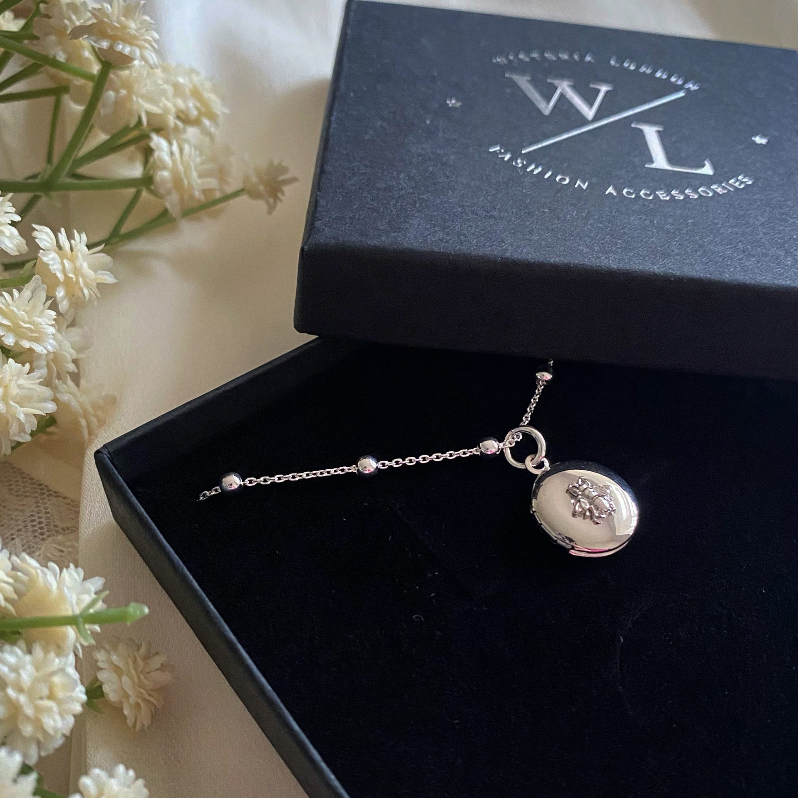 Silver Bee Locket Necklace on Bobble Chain